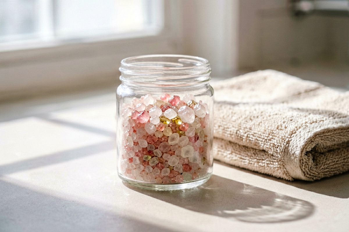 Editorial close-up macro shot of bath salts for relaxation with marine crystals and essential oils. Photorealistic close