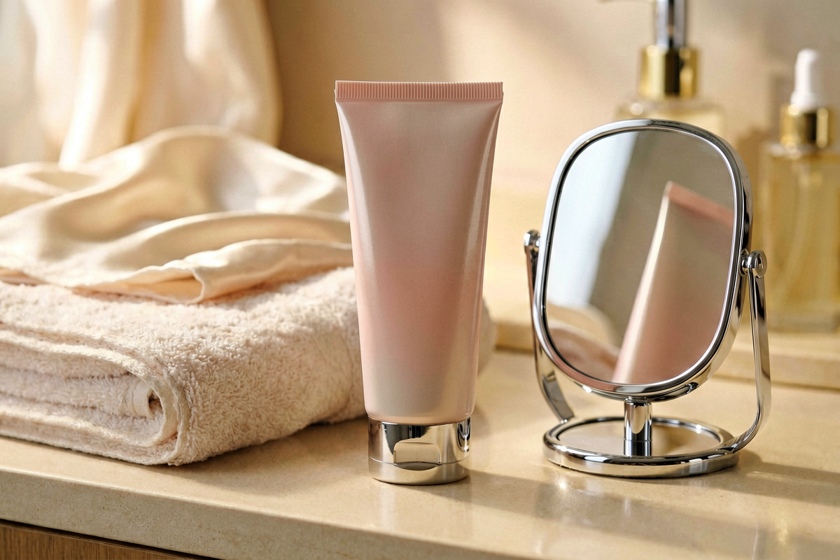 Photorealistic close-up of one unlabeled sunscreen squeeze tube near a folded towel and a small mirror on a neutral bath