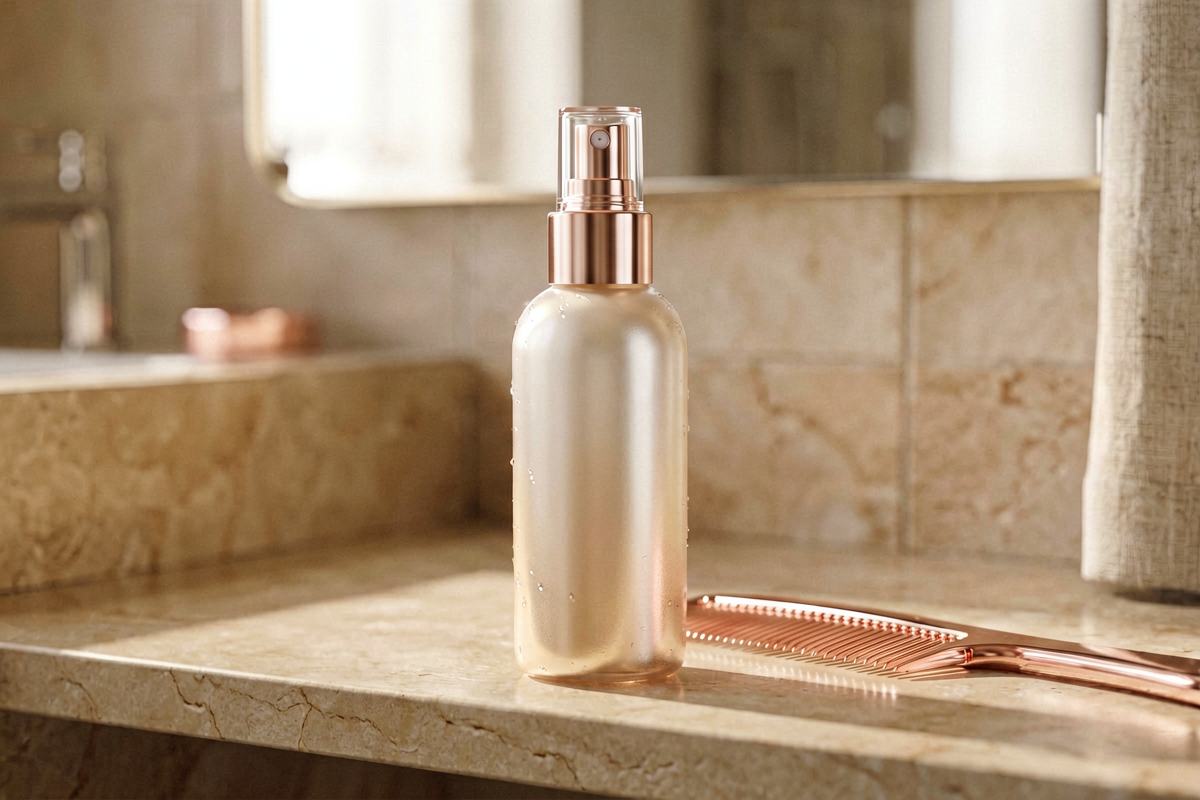 Editorial close-up of lightweight leave-in spray. Photorealistic close-up still life of one plain mist bottle on a neutr