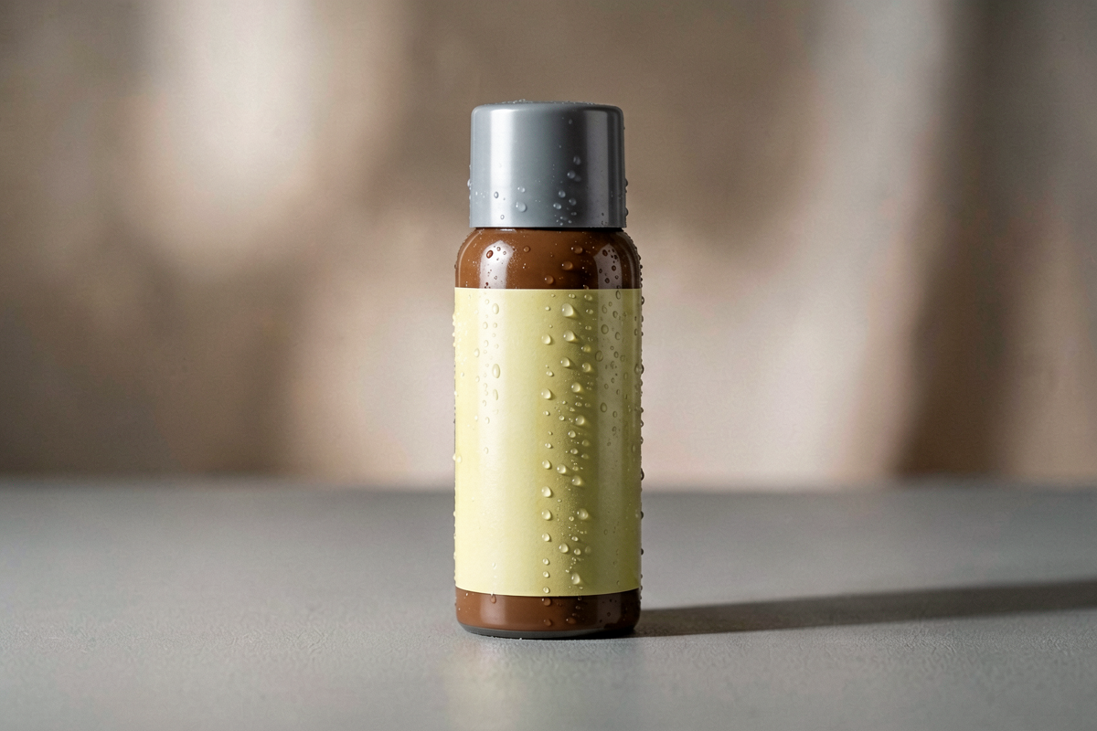 Topic anchor object: dry shampoo for dark hair. Photorealistic editorial close-up of one generic unlabeled dry shampoo c