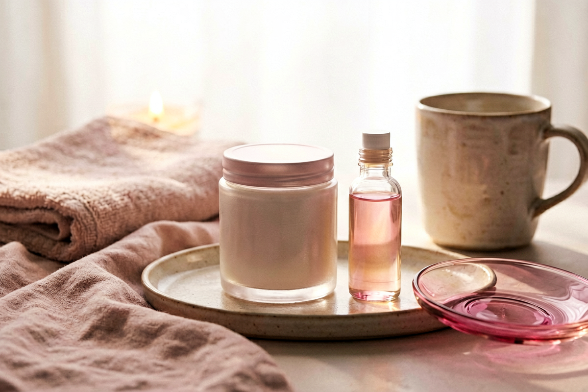 Topic anchor: Sunday self-care ритуал перед перезагрузкой недели. Photorealistic close still life of one blank jar and o