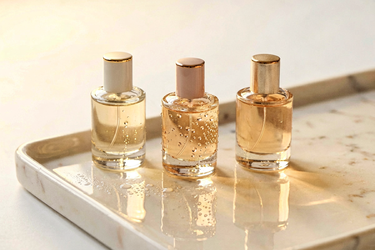 Still life photography. Three miniature perfume bottles arranged on a white marble tray. Warm morning light. Clean minim