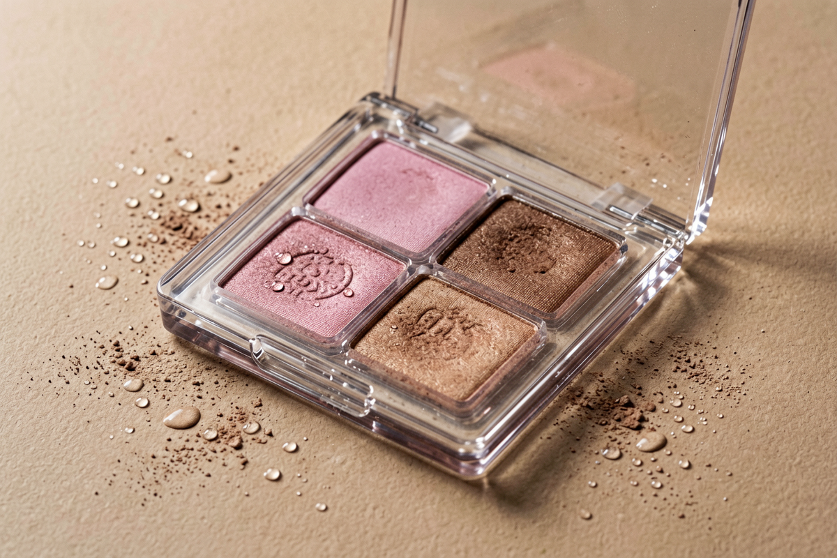 Category anchor: eyeshadow palette / everyday eye makeup / four shades. Photorealistic close editorial still life of one