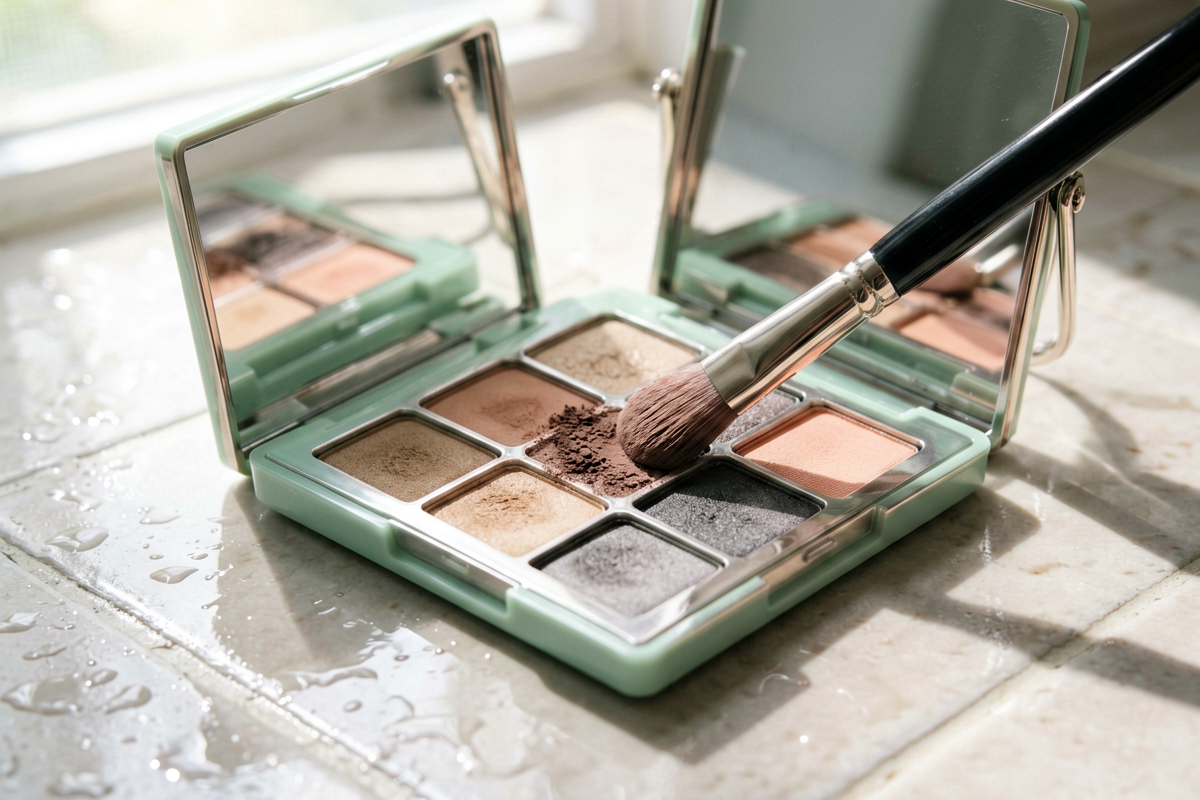 Macro editorial close-up. A blending brush touching a medium taupe shade inside an open unlabeled smoky eyeshadow palett