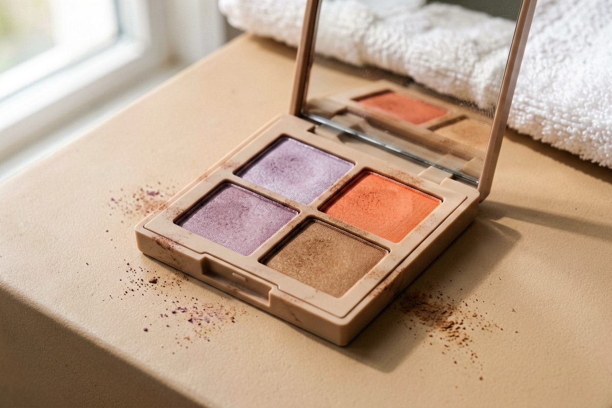 Category anchor: eyeshadow palette / everyday eye makeup / four shades. Photorealistic close editorial still life of one