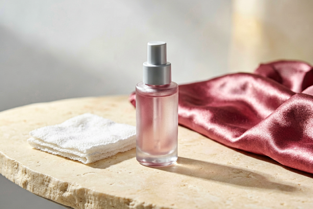 Close-up product photography of one unmarked serum bottle from the same visual family on a warm ivory stone tabletop wit