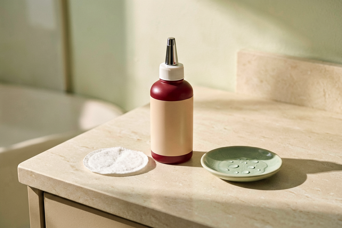Minimalist tabletop composition. A single unmarked toner bottle on a light stone vanity next to one cotton pad and a sma