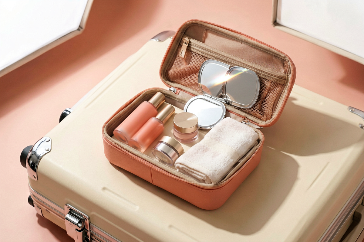 Product photography on a clean surface. Photorealistic close-up still life of a small open travel kit with small bottles